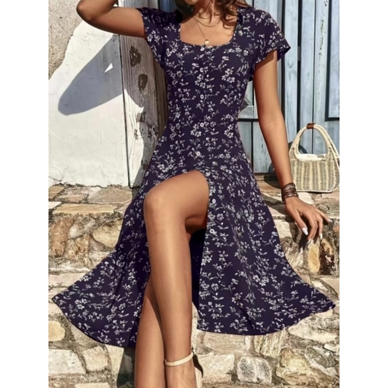 Women's Long Dress Maxi Dress Shirt Dress Casual Dress Floral Dress Boho Dress Elegant Fashion Hot Butterfly Sleeve Outdoor Party Date Regular Fit Floral Short Sleeve Square Neck Burgundy Blue Green