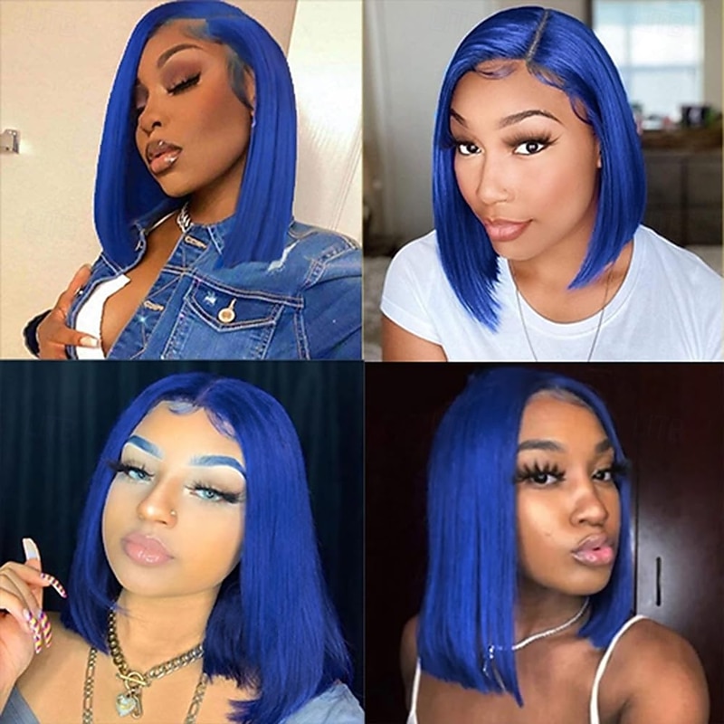Blue# Human Hair 13*4 Short BOBO Lace Wig Straight Human Hair 150% Density  For Black Women3