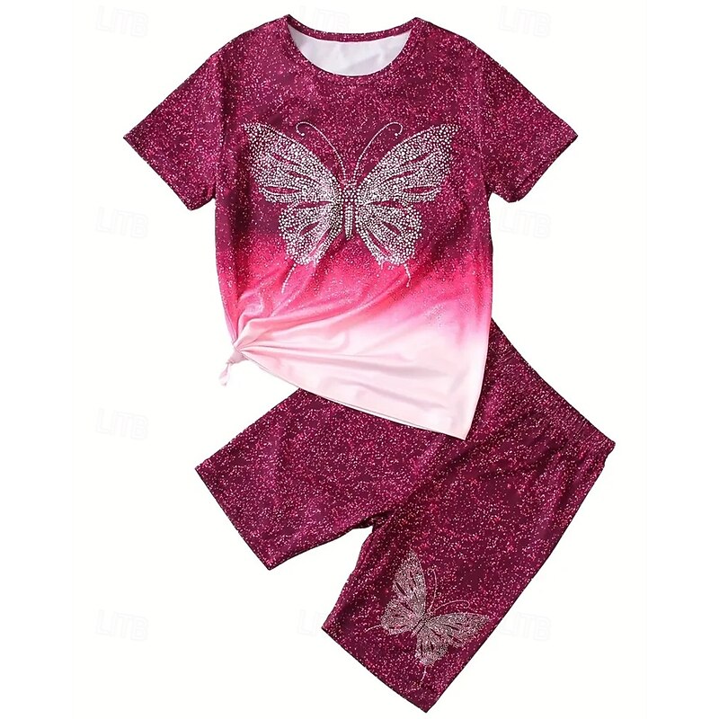 Girls' 3D T-shirt & Shorts Set Short Sleeve Summer Spring Sports Fashion Daily Kids 4-12 Years Crew Neck Outdoor Vacation Sports Tailored Fit