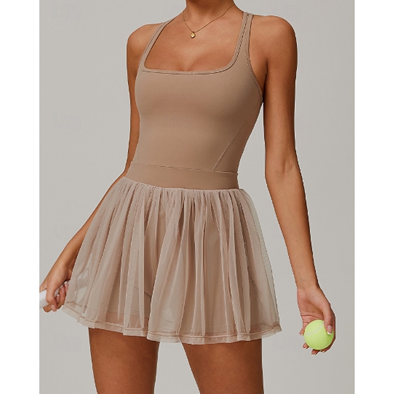 Women's Solid Colored Tennis Dress with Built in Shorts and Bra Sports Dress Sleeveless Contrast Mesh Tennis Golf Pickleball U Neck Dress Black Cream Dark Navy Tennis Clothing4