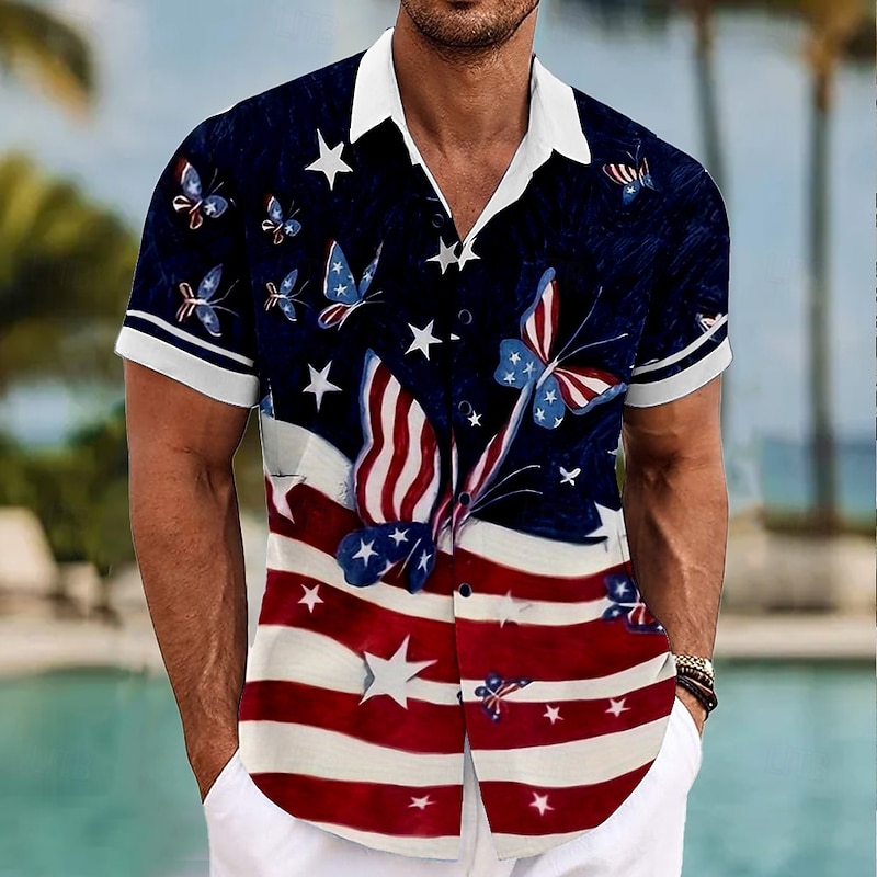 Independence Day Men's American US Flag Patriotic Fourth of July Shirt Summer Shirt Button Up Shirt Short Sleeve Fashion Casual Holiday Summer Spring Turndown 3D Print Collared Shirts Black Blue