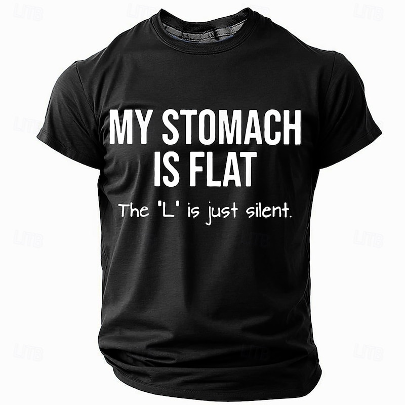 Men's Funny Graphic T-Shirt with 'My Stomach Is Flat, The 'L' Is Just Silent' Pun Humor4