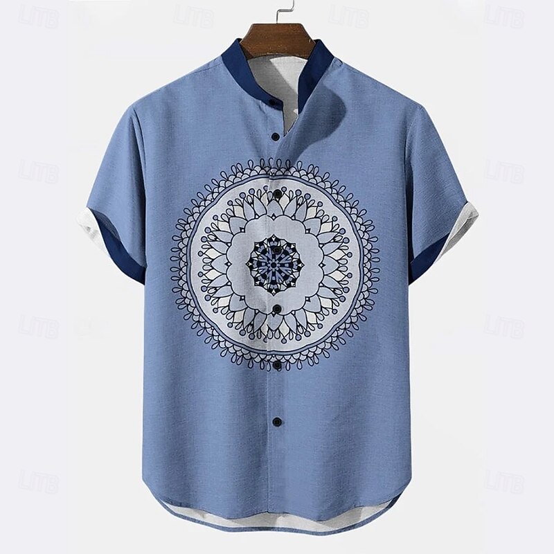 Men's Geometric Floral Print Ethnic Shirt Button Up Shirt Stand Collar Shirt Short Sleeve Vintage Retro Vacation Dailywear Beach Wear Summer Spring Mandarin Collar 3D Print Linen Like Shirt White2