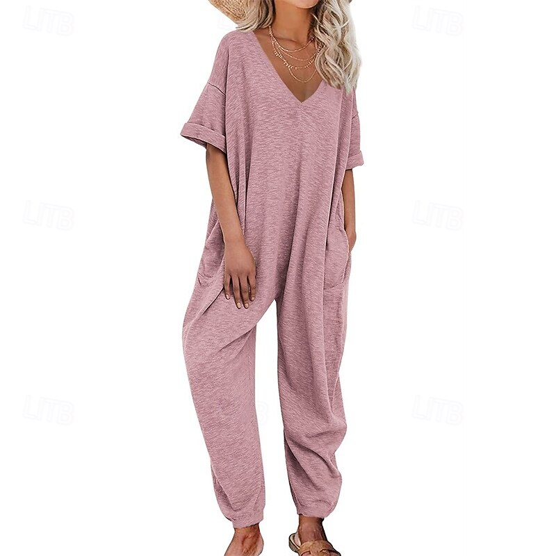 Women's Normal Jumpsuit Stylish Solid Color Half Sleeve Harem V Neck Pocket Street Daily Regular Fit Black Yellow Pink Summer2