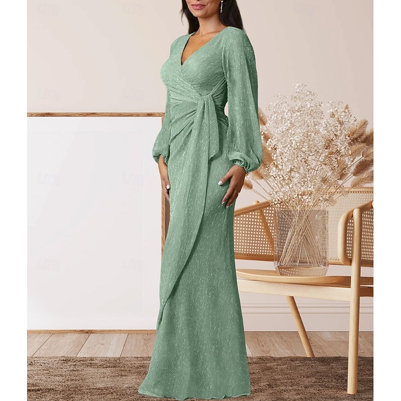 A-Line Mother of the Bride Dress Wedding Guest Elegant Sweet V Neck Floor Length Chiffon Long Sleeve with Ruffles Ruching3