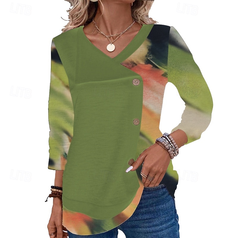 Women's Blouse Flower Modern Casual Long Sleeve V Neck Regular Tops Daily Holiday Patchwork Print Yellow Green Light Grey Light Blue Summer4