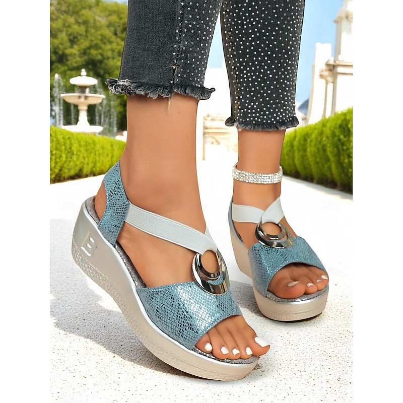 Women's Metallic Snake Print Wedge Sandals – Glamorous Open-Toe Summer Shoes with Elastic Straps for Stylish Women, Perfect for Causal Parties and Vacations