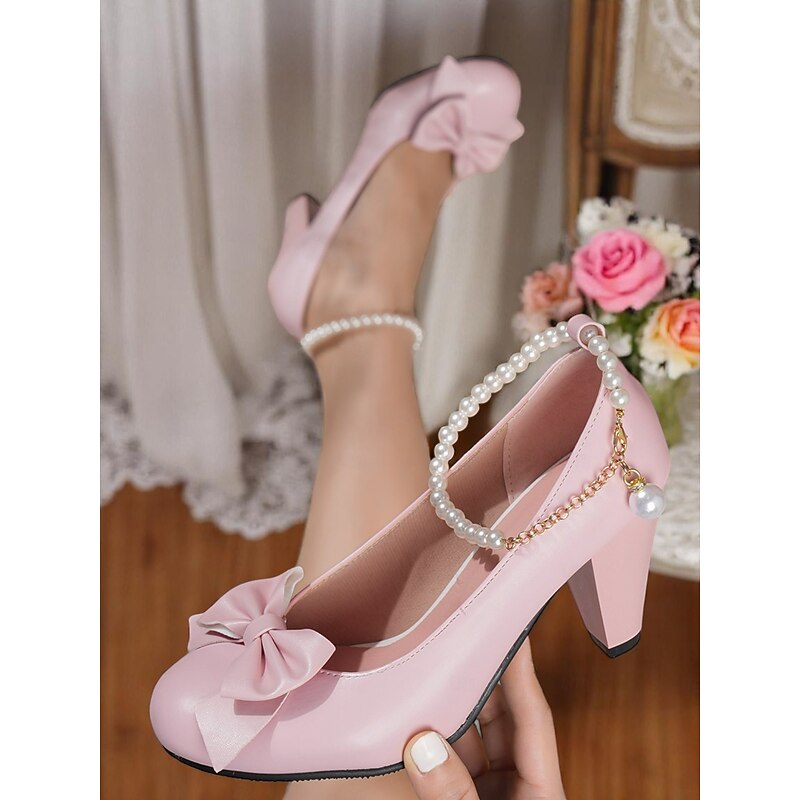 Women's Pink Faux Leather High Heel Pumps – Bow Detail with Pearl Anklet, Chic Style for Weddings, Parties, and Special Occasions4