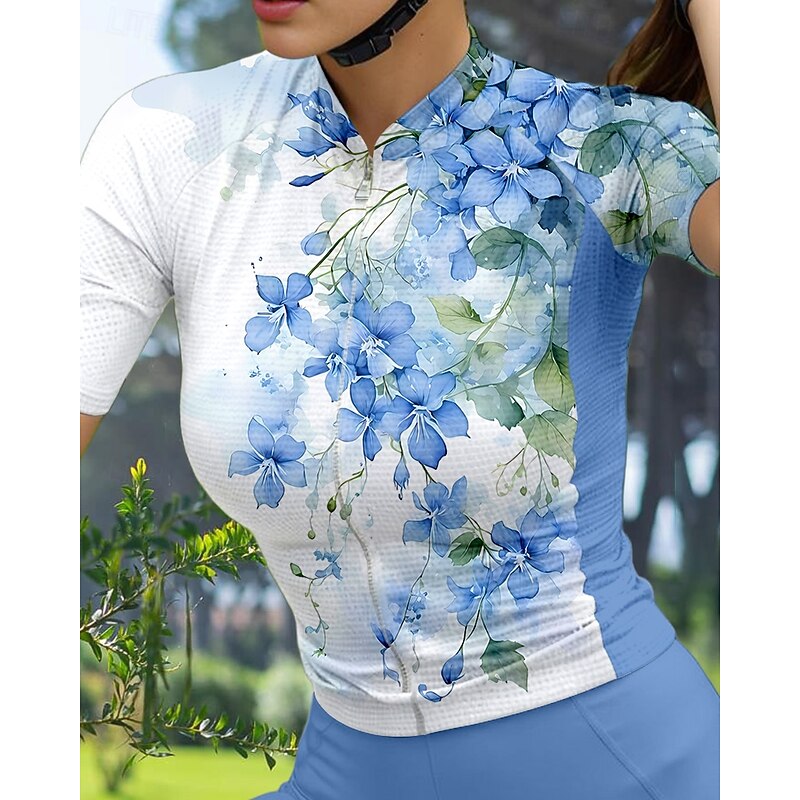 Women's Cycling Jersey Graphic Gradient Floral Botanical Short Sleeve Bike Jersey Top with 3 Rear Pockets Sunscreen UV Resistant Quick Dry Reflective Strips Sports Blue Clothing Apparel3