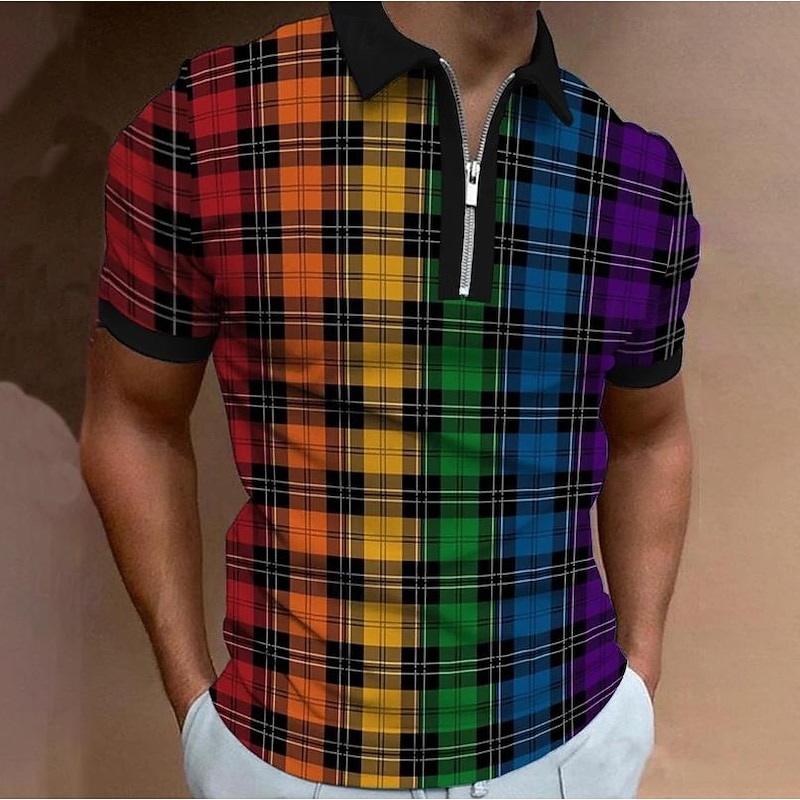 Men's Rainbow Grid Pattern LGBT Zip Polo Short Sleeve Turndown Casual Daily Trendy Outdoor Sports & Outdoor Dailywear Zipper Summer Black