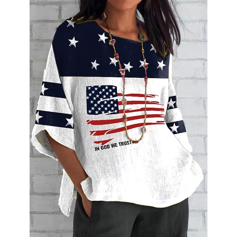 Women's Patriotic  Summer Tops Graphic Flag Vintage Casual 3/4 Length Sleeve Crew Neck Regular Tops Daily Print White Summer Spring