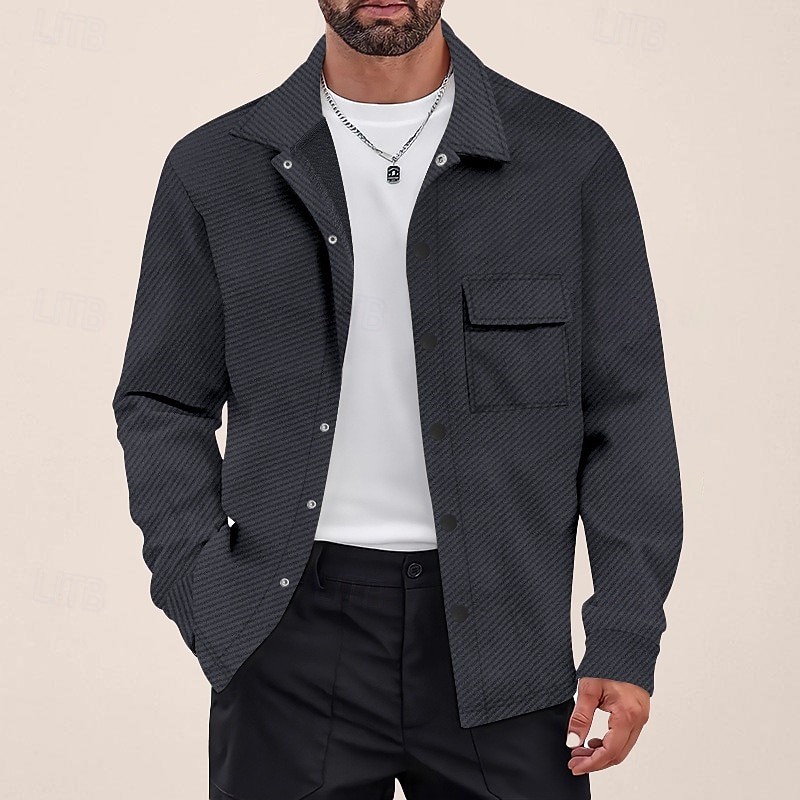 Men's Shirt Jacket Transition Jacket Daily Wearproof Pocket Jacquard All Seasons Plain Casual Lapel Regular Black White Khaki Light Grey Dark Gray Jacket