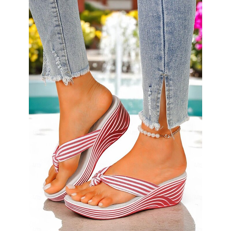 Women's Striped Wedge Flip-Flop Sandals – Casual Summer Beach Shoes, Ideal for Poolside Walks, Seaside Vacations, Garden Picnics & Resort Wear4