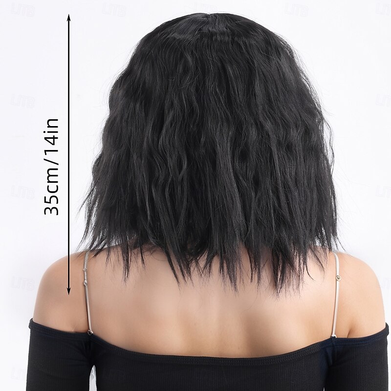 Synthetic Wig kinky Straight Water Wave Asymmetrical Neat Bang Machine Made Wig 14 inch A1 Synthetic Hair Women's Classic Comfortable Color Gradient Black2