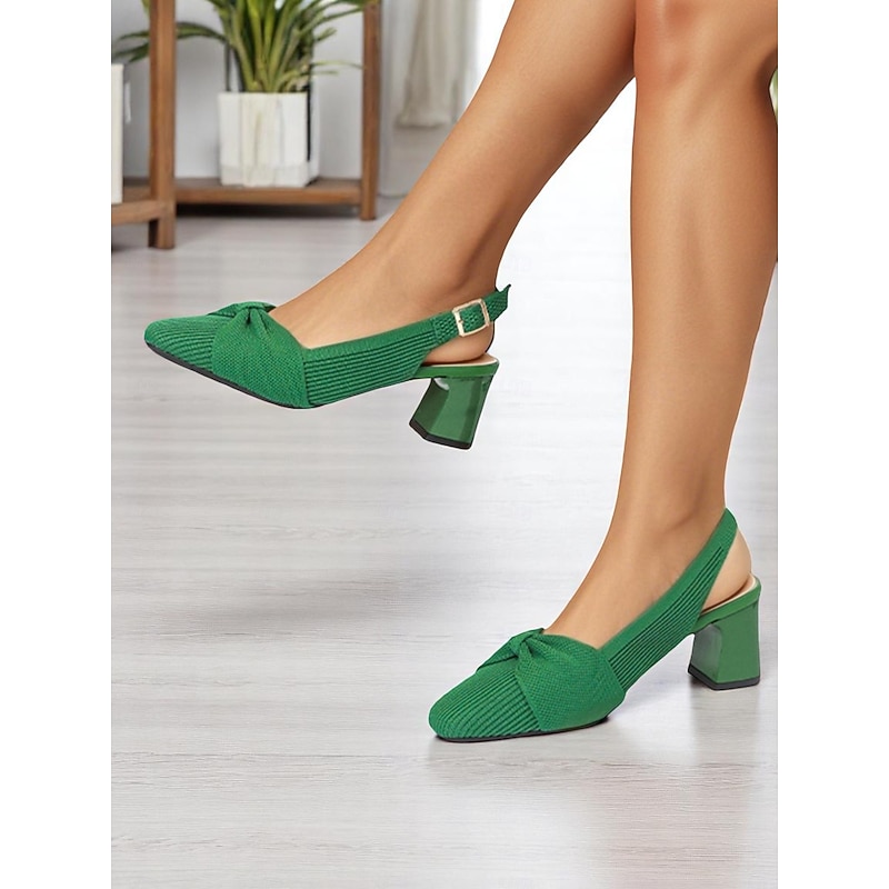 Women's Green Slingback Heels with Bow Detail – Breathable Flyknit Low Block Heels for Spring Commute, Office and Casual Chic Outfits
