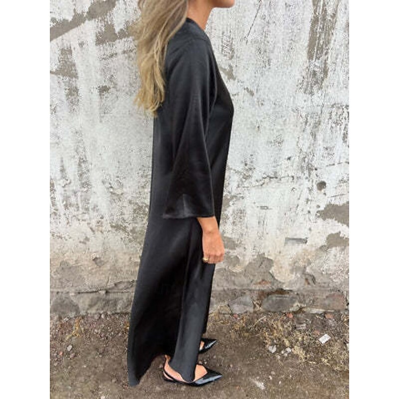 Women's Long Dress Maxi Dress Poly-Cotton Linen Texture Dresses Casual Dress Summer Dress Classic Modern Daily Weekend Regular Fit Plain 3/4 Length Sleeve V Neck Black Light Brown Grey Summer4