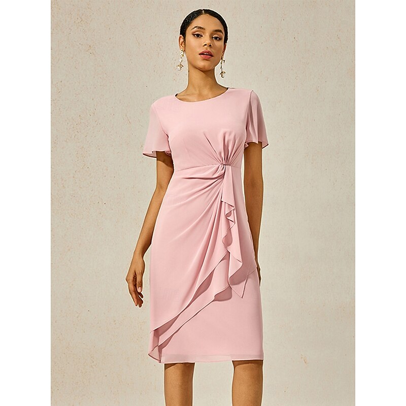 Women's Wedding Guest Cocktail Dress Chiffon Twisted Knot Elegant Formal Layered Midi Dress Crew Neck Short Sleeve Butterfly Sleeve Dark Blue Color