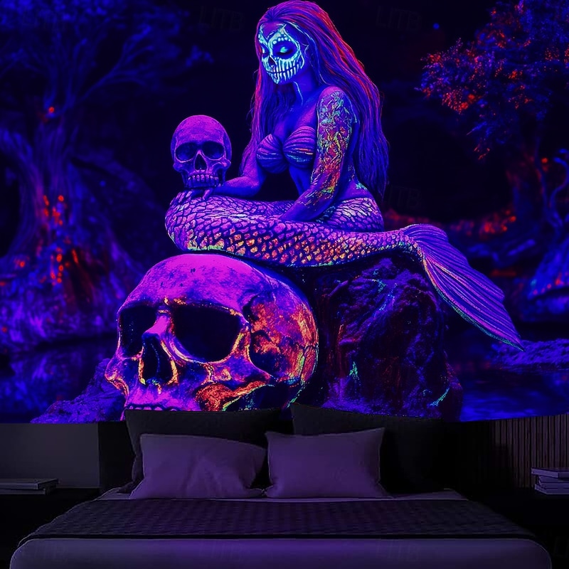 Halloween Blacklight Tapestry Glow in the Dark Glow Party UV Reactive Skull Snake Woman Creepy Trippy Misty Hanging Tapestry Wall Art Mural for Living Room Bedroom