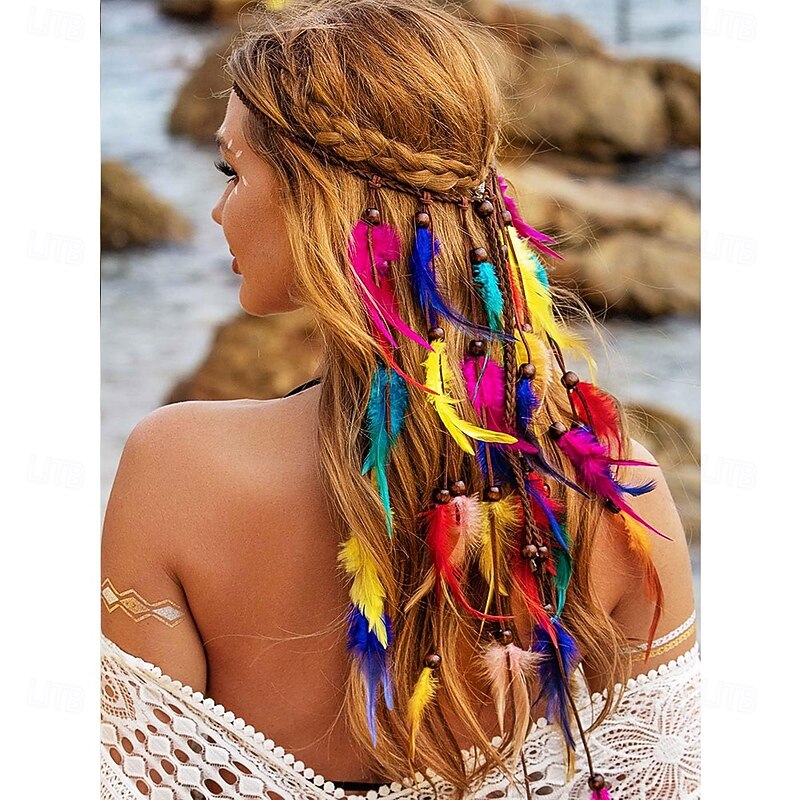 Boho Rainbow Indian Headbands Hippie Feather Headdress Adjustable Long Feather Hair Accessories for Women and Girls2