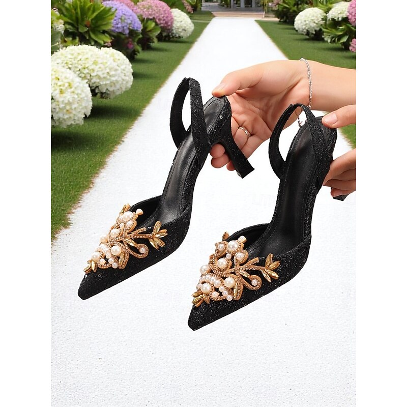 Women's Black Satin Slingback Heels with Pearl Detailing - Stylish Heels for Cocktail Parties and Night Events4