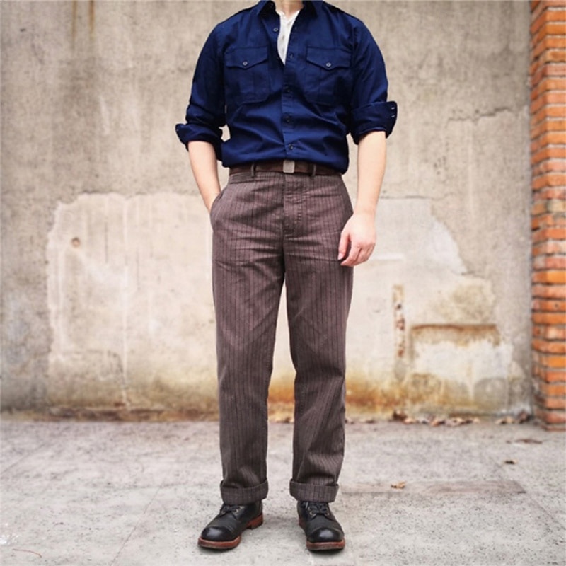 Men's Dress Pants Trousers Chinos Buttons Pocket Striped Comfort Formal Party Work Fashion Classic Style Brown Micro-elastic2