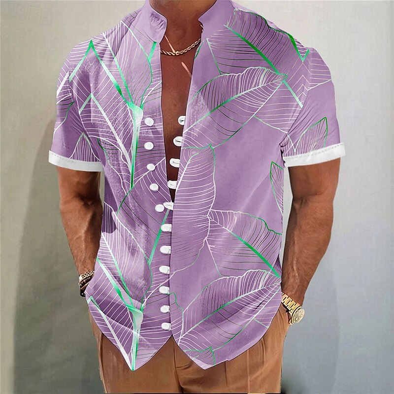 Men's Palm Leaf Tropical Plants Summer Hawaiian Shirt Aloha Shirt Stand Collar Shirt Short Sleeve Hawaiian Vacation Beach Wear Summer Spring Mandarin Collar 3D Print Button Down Shirts Pink Blue2