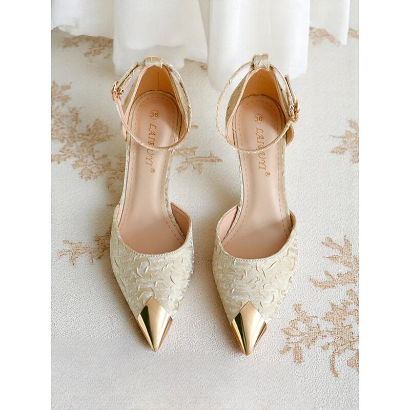 Women's Beige Satin Pointed Toe Heels with Gold Accents and Ankle Strap for Cocktail Parties4