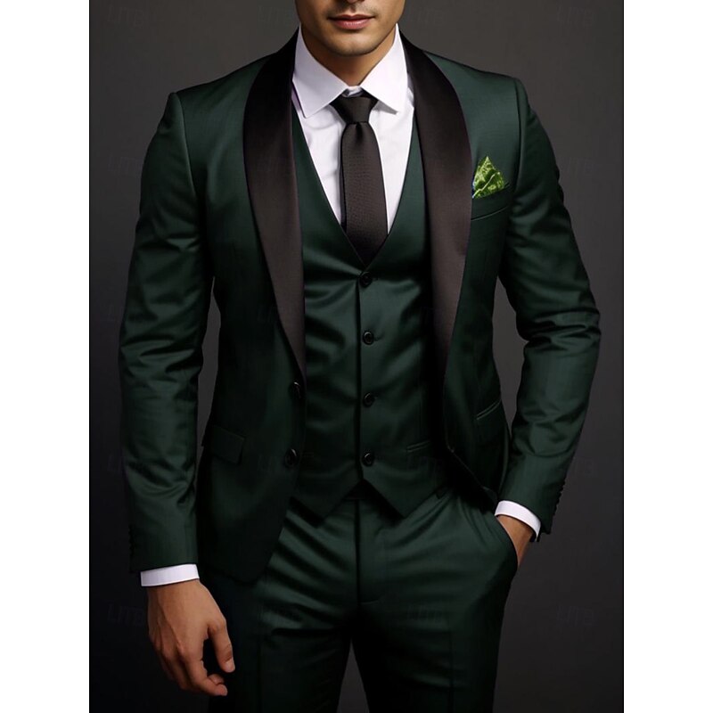 Men's Wedding Prom Party Suits Shawl Lapel Burgundy Dark Green Luxury Formal Solid Colored Standard Fit 3 Piece Single Breasted Two-buttons3