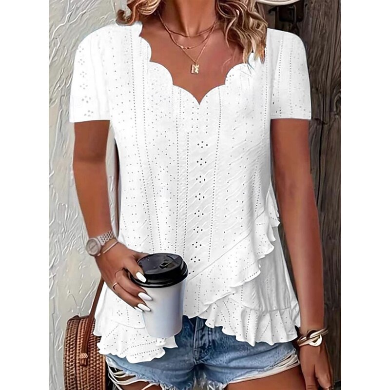 Women's Blouse Solid Color Stylish Casual Short Sleeve V Neck Regular Tops Daily Ruffle Eyelet White Yellow Pink Blue Green Summer