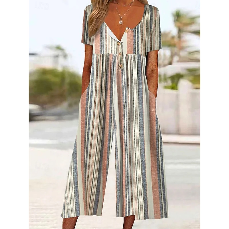 Women's Normal Jumpsuit Active Floral Short Sleeve Wide Leg Round Neck Pocket Print Vacation Daily Regular Fit White Army Green Blue Summer4