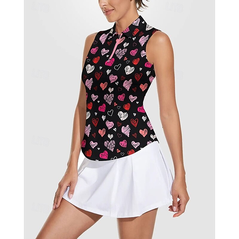 Women's Heart Tennis Shirt Sleeveless Print UPF50+ Quick Dry Tennis Golf Badminton Zip Collar Tee Tshirt Top Black Tennis Clothing3
