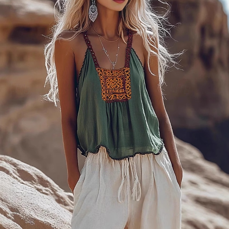 Women's Boho Shirt Blouse Flower Modern Casual Boho Sleeveless V Neck Regular Tops Holiday Going out Print Green Summer