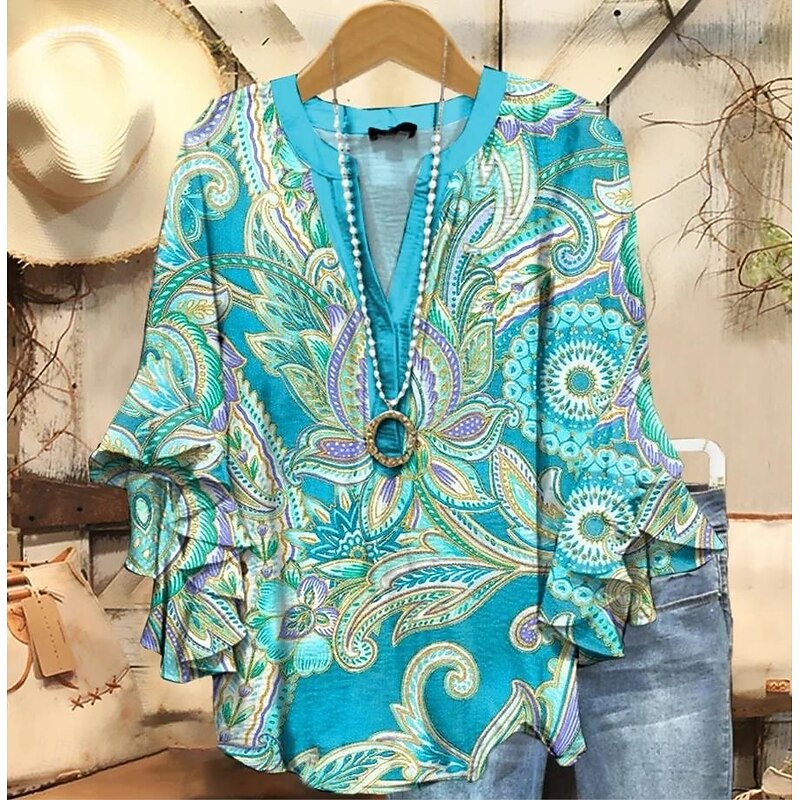 Women's Retro Blouse Layered Ruffle Sleeve Tops Vintage Floral Graphic Bohemia Vintage Daily 3/4 Length Sleeve Regular Tops Daily Holiday Vacation Wear Print White Blue Dusty Blue Orange3