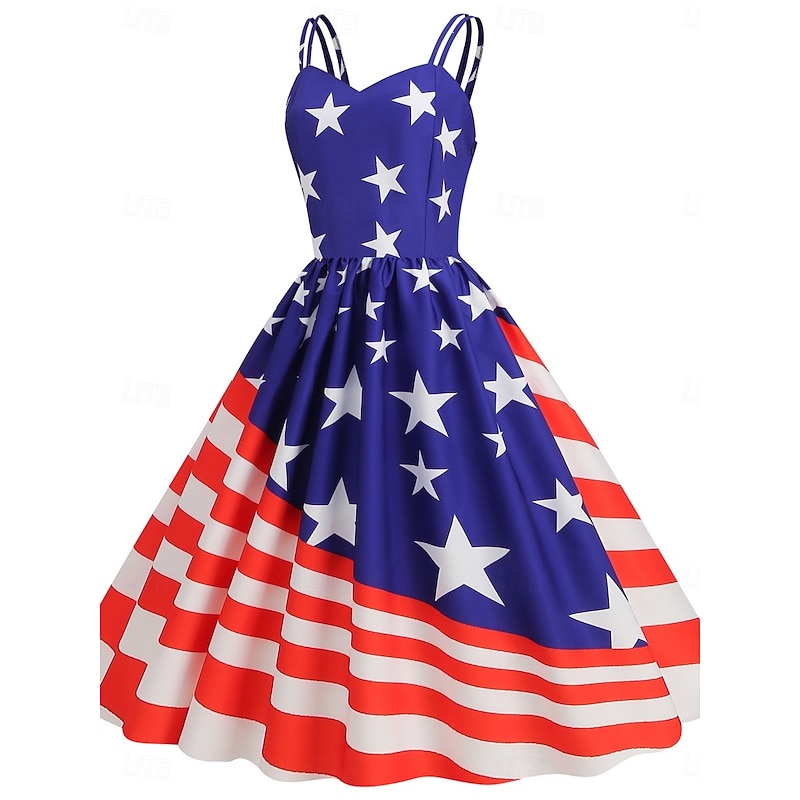Women's Patriotic  Mini Dress A Line Dress Slip Dress Off The Shoulder Dress Casual Outdoor Going out Regular Fit American Flag Sleeveless Spaghetti Strap3