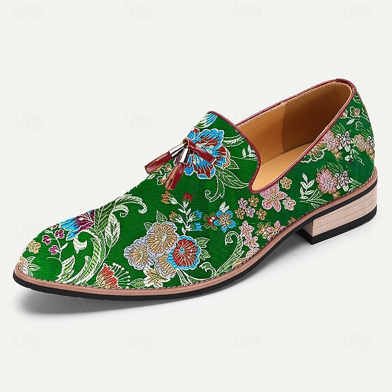 Men's Loafers Green Jacquard Fabric Slip-On Shoes with Floral Embroidery and Tassel Details for Casual and Semi-Formal Occasions2