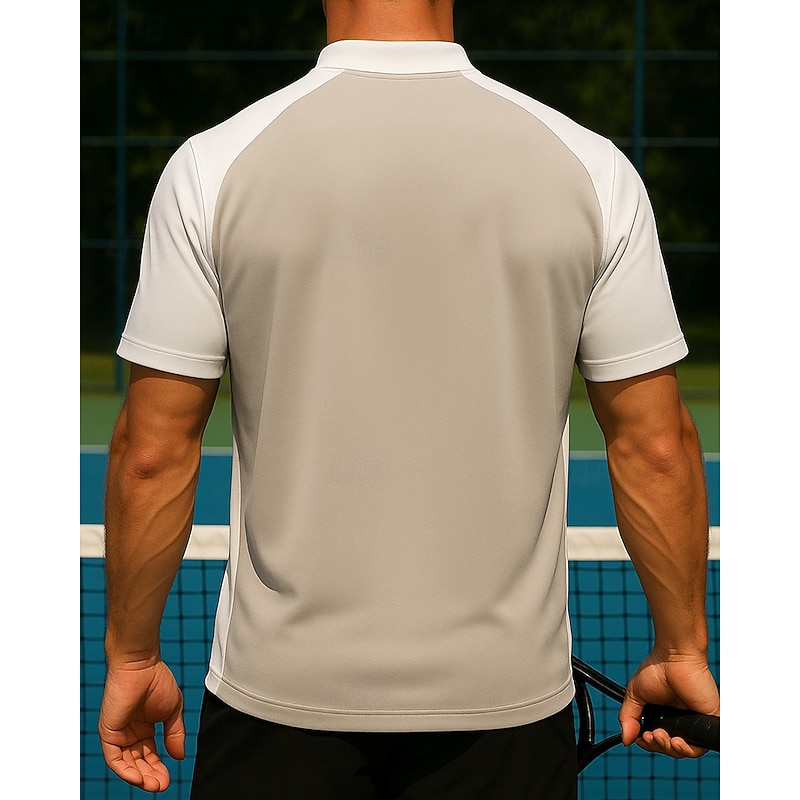Men's Patchwork Tennis Top Short Sleeves Patchwork Quick Dry Breathable Tennis Golf Pickleball Zip Collar White Green Khaki Tennis Clothing2