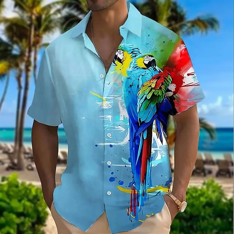 Men's Bird Parrot Shirt Summer Hawaiian Shirt Button Up Shirt Short Sleeve Hawaiian Vacation Holiday Beach Wear Summer Spring Turndown 3D Print Collared Shirts Yellow Blue Purple Green