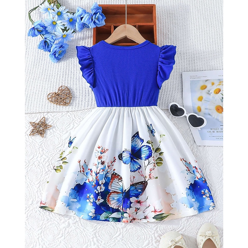 Kids Girls' Dress Butterfly Long Sleeve Outdoor Casual Ruffle Tie Knot Fashion Adorable Polyester Knee-length Casual Dress A Line Dress Summer Spring 4 years+ Yellow Pink Wine3