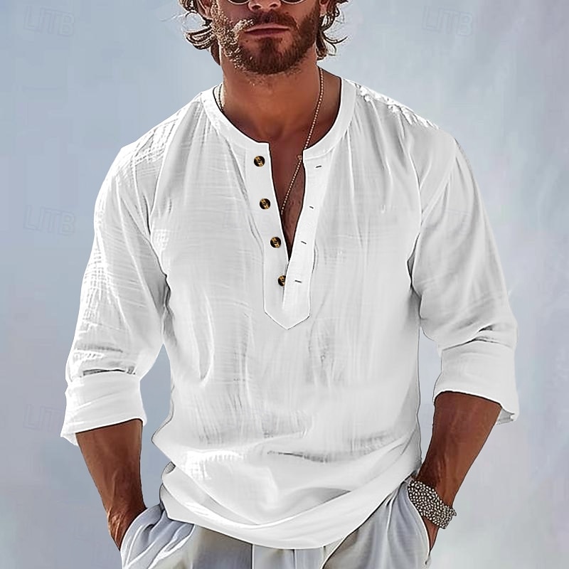 Men's Shirt Popover Shirt Summer Shirt Beach Wear Plain Vacation Casual Black White Sky Blue Apricot Long Sleeve Band Collar Spring & Summer Clothing Apparel - Main Image