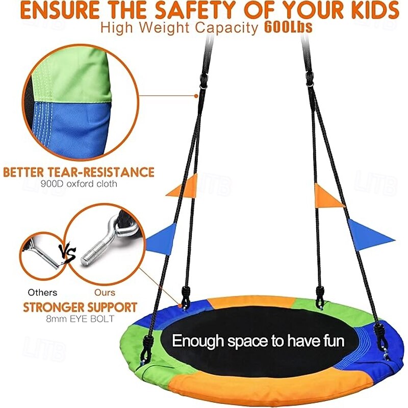 Platillo de 40 pulgadas capacidad de peso de 660 lbs 2 correas para colgar ajustables cuerdas multihebra coloridas seguro y duradero asiento oscilante para nios y adultos2