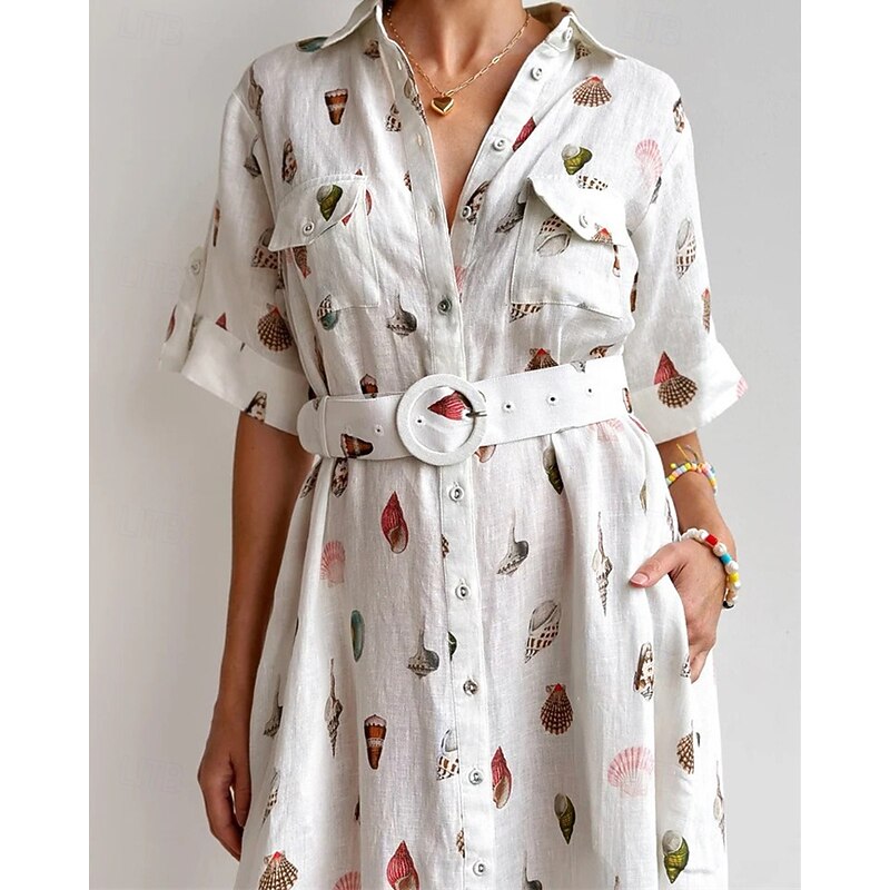 Women's Long Dress Maxi Dress Cotton Linen Dresses Casual Dress Fashion Outdoor Party Holiday Regular Fit Painting Half Sleeve Shirt Collar White Summer3