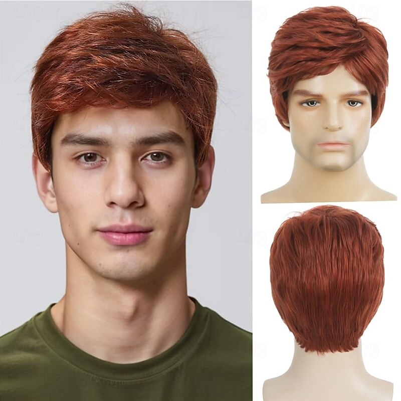 Mens Short Red Wig Synthetic Natural Looking Halloween Cosplay Hair Wig for Male Guy