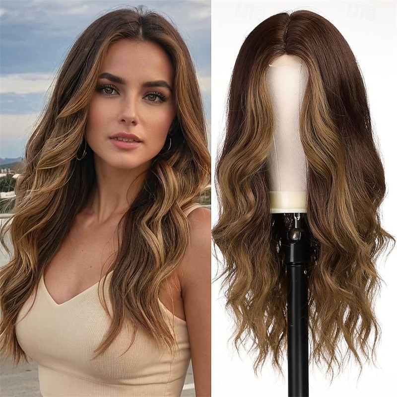 Long Wavy Brown Wigs for Women Heat Resistant Wig with Middle Parting for Daily