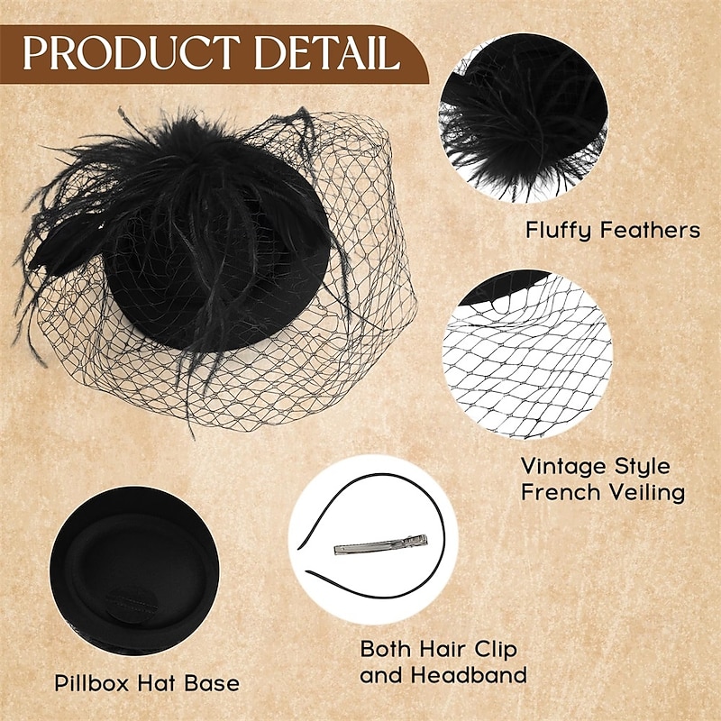 Fascinator Hat Veil Feather Fascinator Tea Party Bridal Wedding Veil Retro Hat Pillbox Derby Hats for Women3