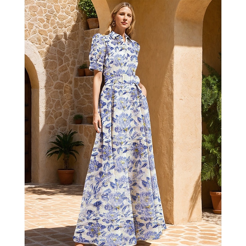 A-Line Evening Gown Brocade Formal Wedding Guest Celebrity Style Floor Length Short Sleeve Shirt Collar Belt / Sash Polyester with Floral Print Wedding Guest Dress
