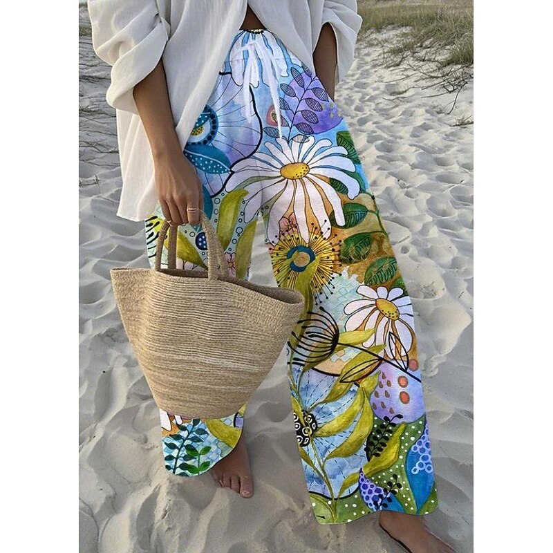 Women's Wide Leg Chinos Baggy Pants Vacation Fashion Hawaiian Full Length High Waist Floral Graphic Drawstring Printing Soft Breathable Micro-elastic Vacation Street Causal Sky Blue And White White3