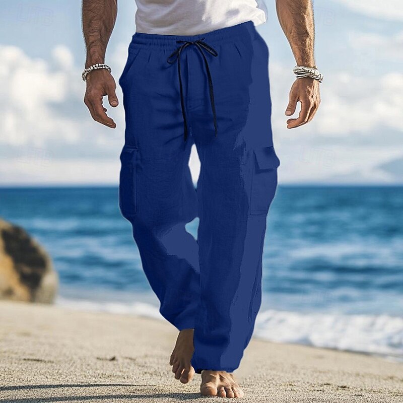 Men's Cargo Pants Linen Pants Trousers Summer Pants Baggy Pants Drawstring Elastic Waist Multi Pocket Plain Comfort Breathable Full Length Outdoor Holiday Going out Vacation Fashion Loose Fit Black