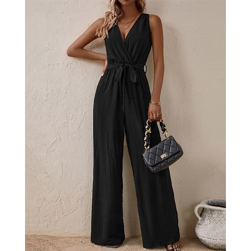 Women's Normal Jumpsuit Streetwear Solid Color Sleeveless V Neck Bow Street Daily Regular Fit Black Navy Blue Royal Blue Summer4