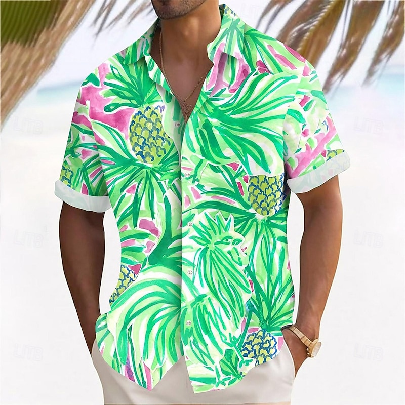 Men's Palm Leaf Tropical Plants Flowers Summer Hawaiian Shirt Button Up Shirt Aloha Shirt Short Sleeve Hawaiian Vacation Holiday Beach Wear Summer Spring Turndown 3D Print Collared Shirts Black Blue