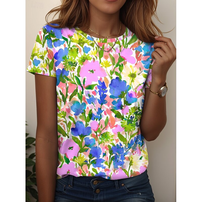 Women's T Shirt Floral Graphic Plants Vintage Stylish Classic Short Sleeve Crew Neck Regular Tops Daily Print Light Green Pink Blue Green Rose Pink Summer Spring4